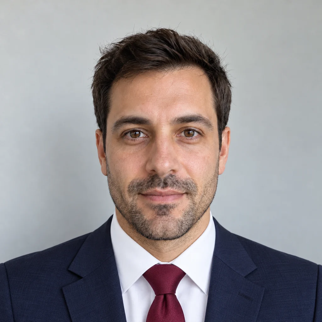 Add suit to photo result: the same man in a navy suit, white shirt and burgundy tie