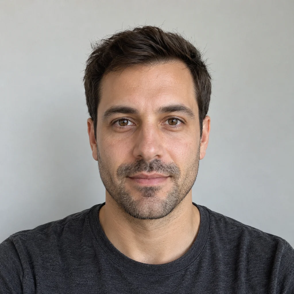 Man in a dark T-shirt before the suit, a plain head-and-shoulders selfie