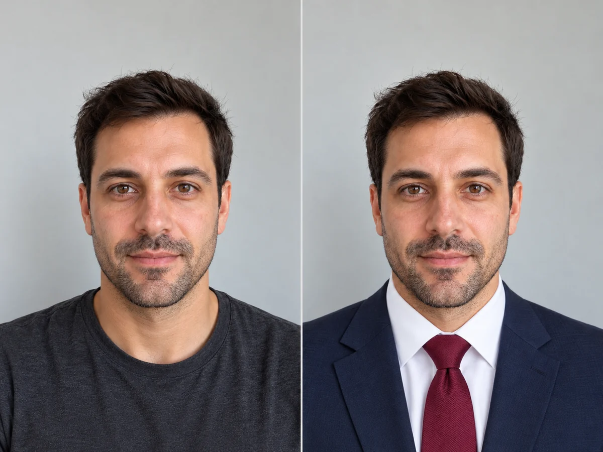 Add suit to photo before and after: T-shirt selfie to a navy suit and burgundy tie, same grey wall