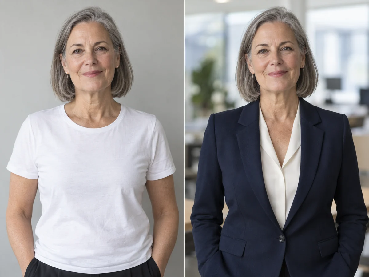 Add suit to photo with a new background: woman over 50 in a navy suit in front of a blurred office