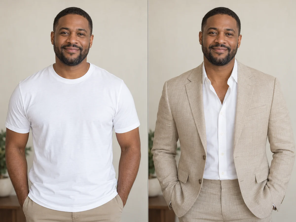 Man in a white tee beside the same man in a tan linen suit with an open collar