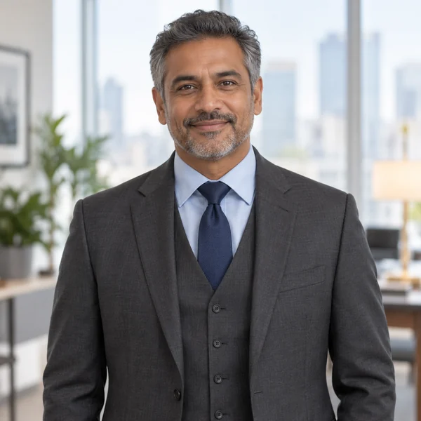 Man in a charcoal three-piece suit and navy tie in a bright office