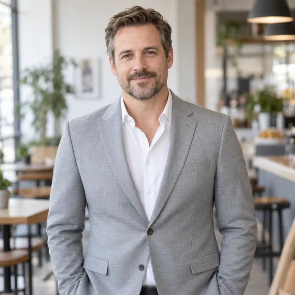 Man in a light grey blazer and open white shirt with no tie, a business casual look