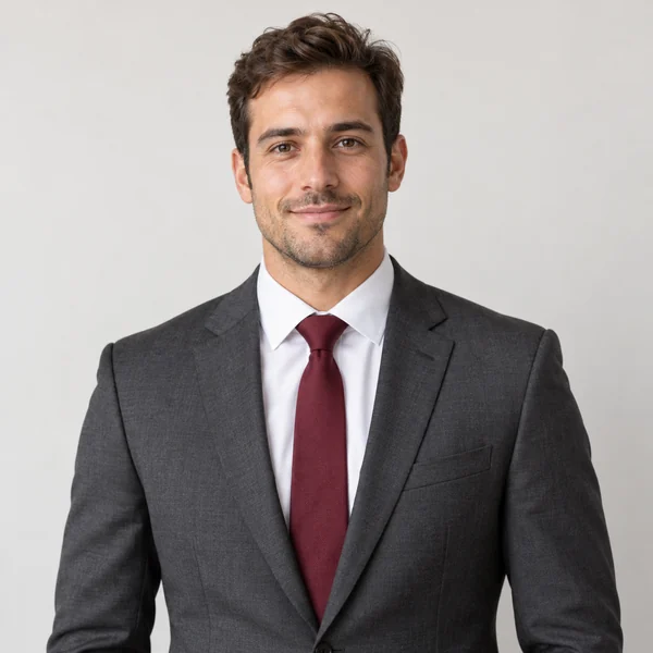Man in a charcoal suit, white shirt and burgundy tie, dressed for a job interview