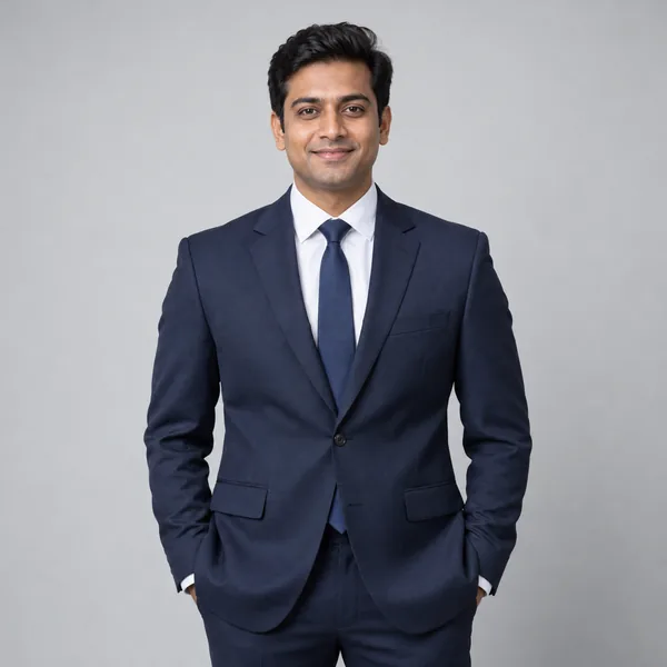 Man in a navy suit, white shirt and navy tie on a grey studio backdrop, a LinkedIn look to add suit to photo
