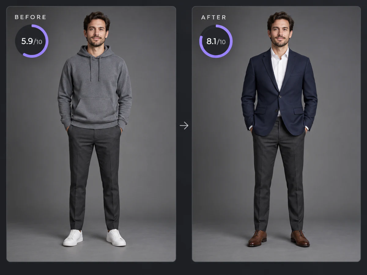 Interview outfit before and after one swap: a hoodie scored 5.9, the same look with a blazer scored 8.1