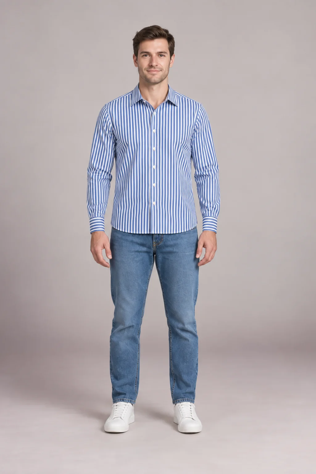 Man in a blue striped shirt and jeans, an office look rated for color, fit and occasion