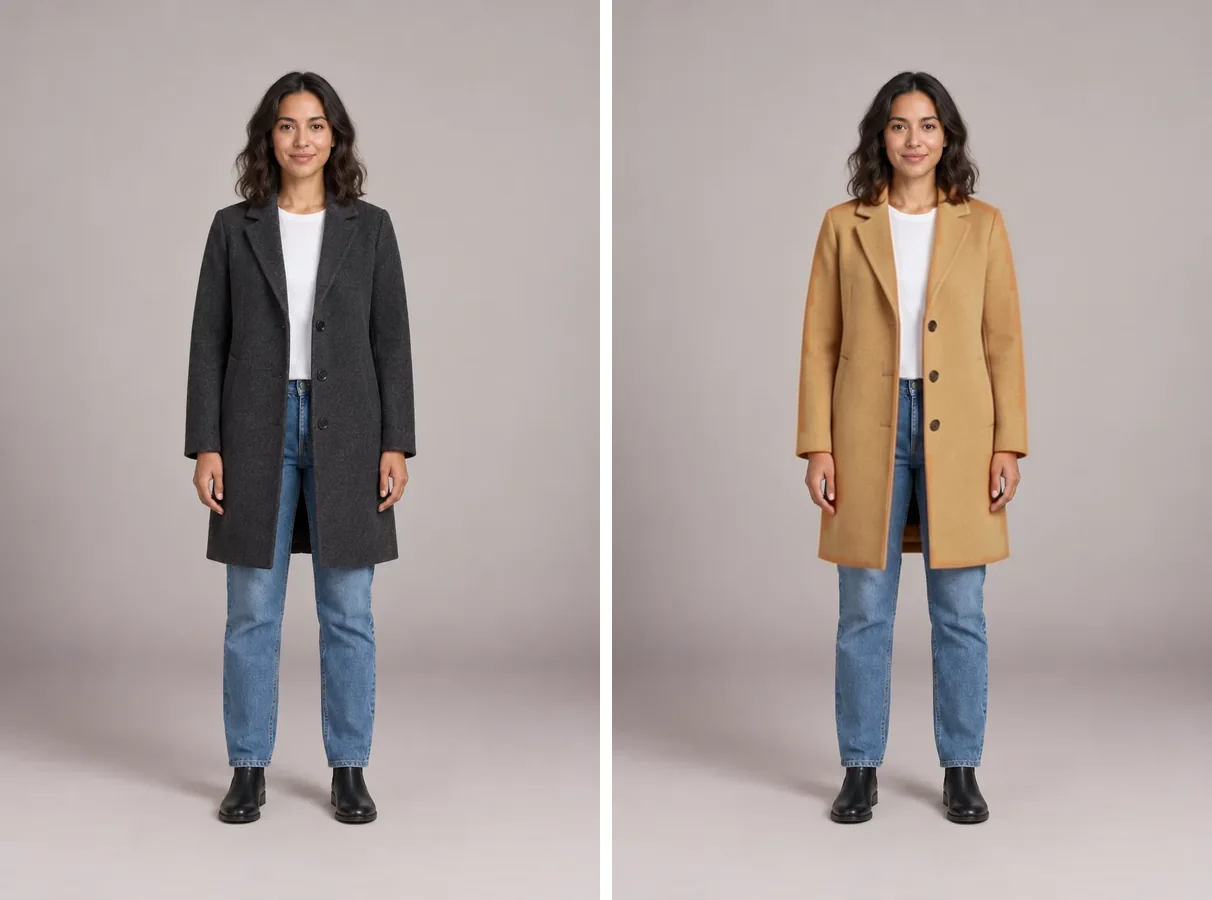 Long charcoal coat changed to camel while the white T-shirt underneath stays white