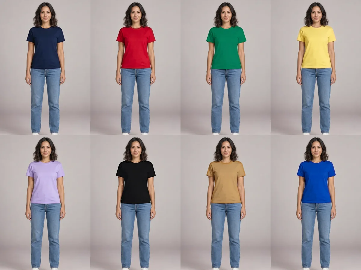 Same tee in eight colorways from one photo, made with the clothes color changer for a product listing