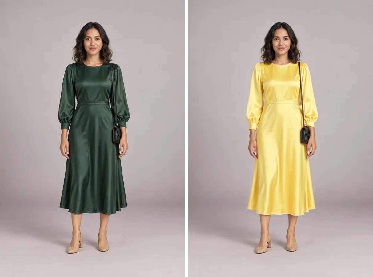 Green satin midi dress beside the same dress in butter yellow, sheen and folds unchanged