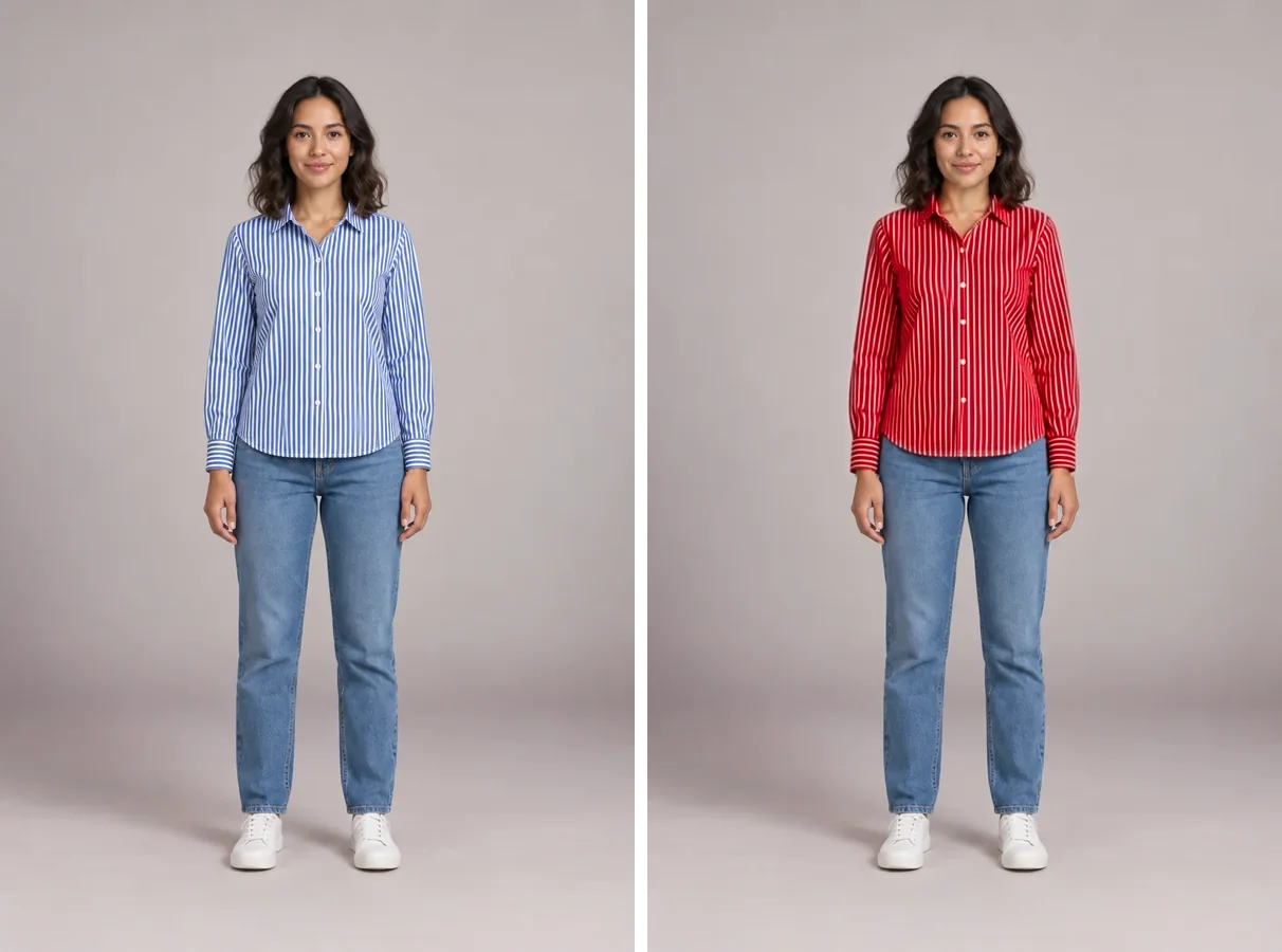 Striped shirt before and after: blue stripes turned red by the clothes color changer, white stripes kept