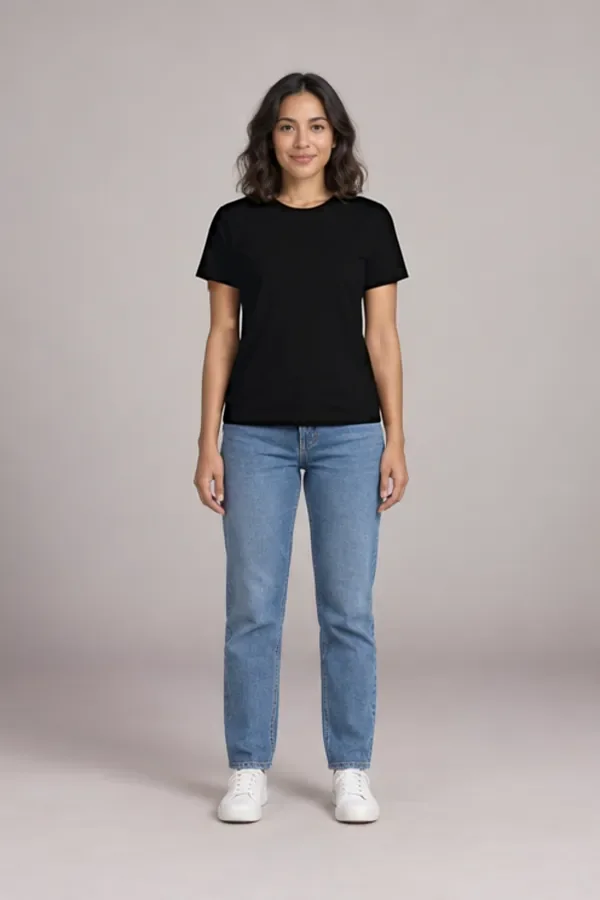 Black T-shirt on Ava, made from her white tee by the clothes color changer