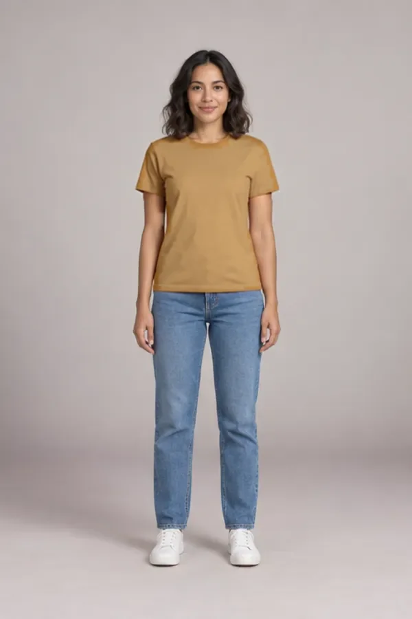 Camel colored T-shirt on Ava against a soft gray backdrop