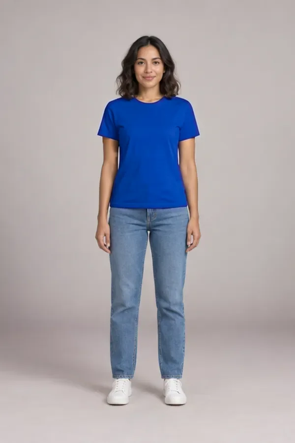 Cobalt blue T-shirt on Ava with the same pose and expression