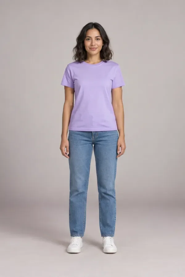 Lavender tee on Ava, jeans and sneakers left as they were