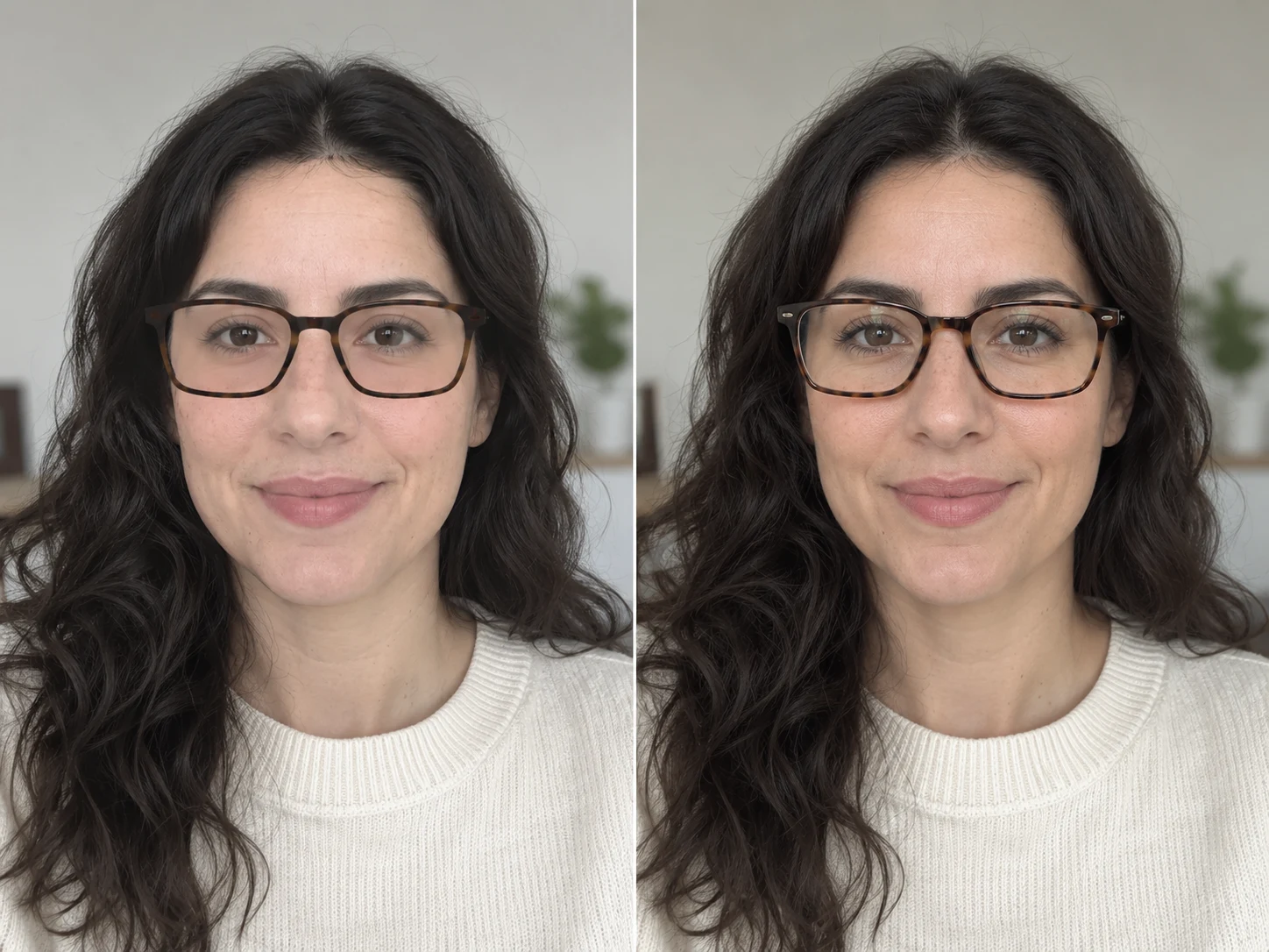 Live camera preview with flat overlay frames next to a realistic AI photo of the same person in glasses
