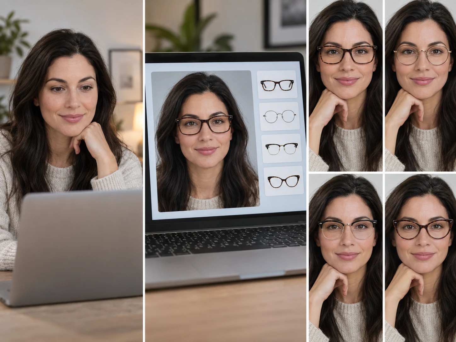 Three steps of a virtual glasses try on: start the camera, switch frames live, compare four snapshots