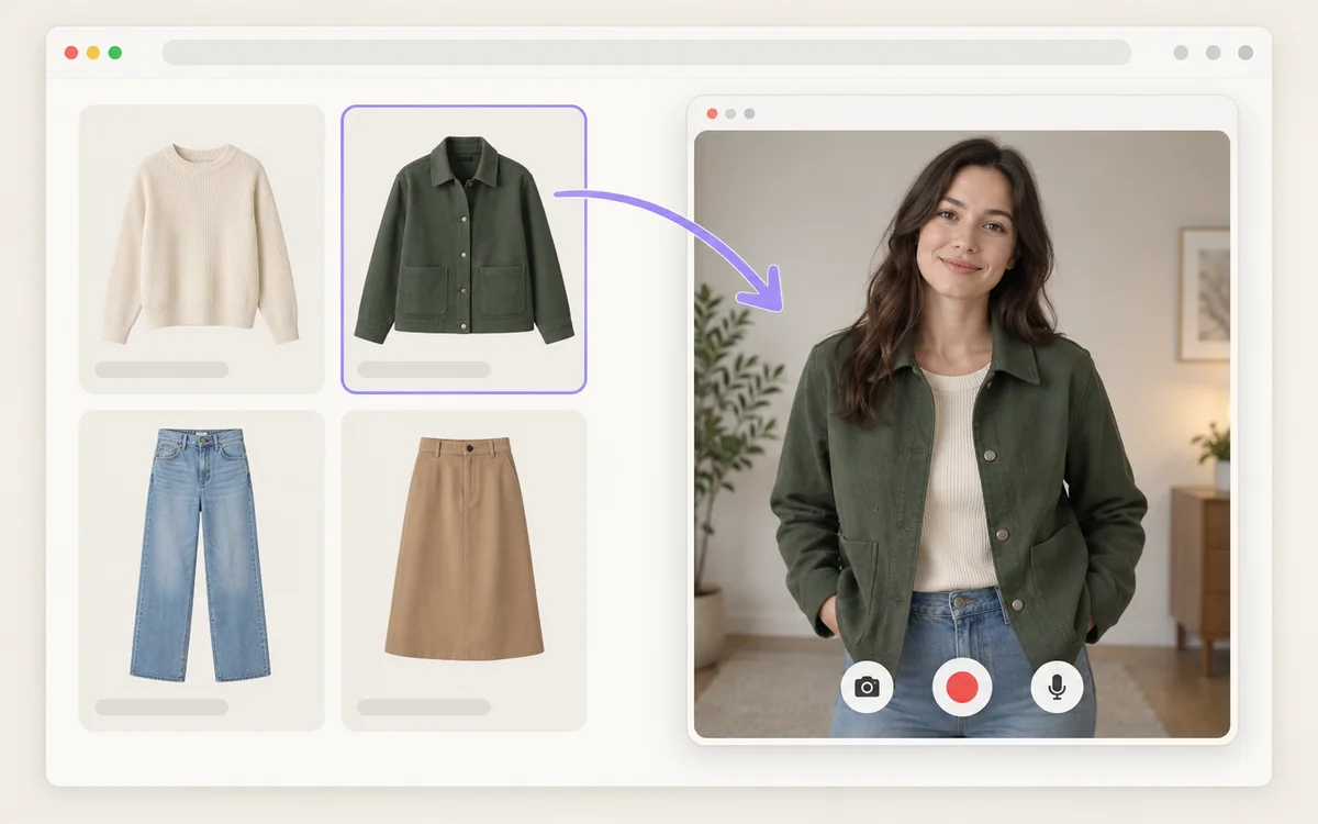 Anywear virtual try on flow: drag a jacket from a product grid onto a live webcam window