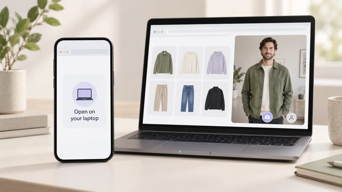 Phone screen pointing shoppers to a laptop for the Chrome try-on extension