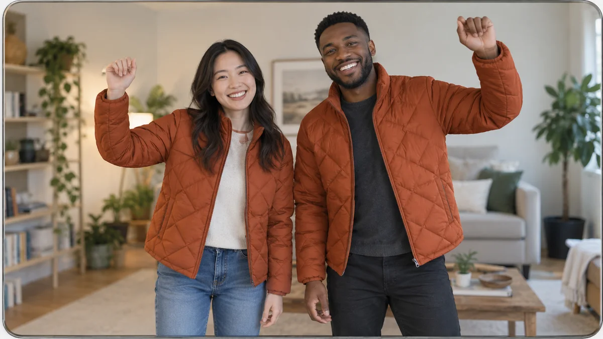 Two people in one frame both wearing the same jacket in Anywear virtual try on
