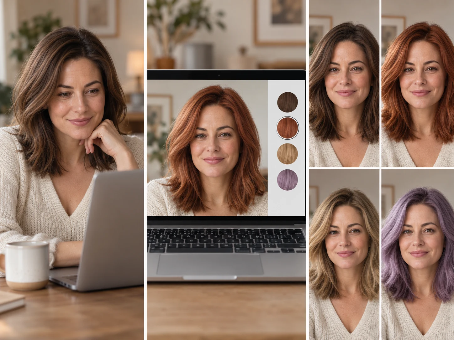 Three steps of a hair color try on: start the camera, tap a copper shade, compare four colors