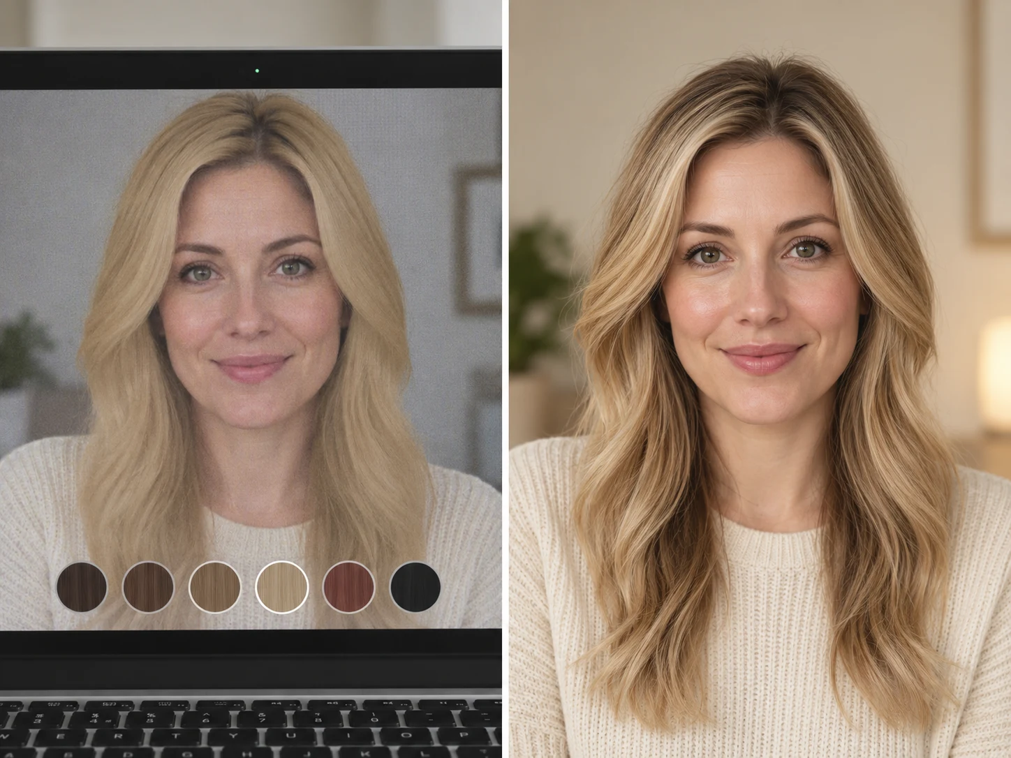 Live camera preview of honey blonde hair next to a realistic AI photo of the same woman with the same color