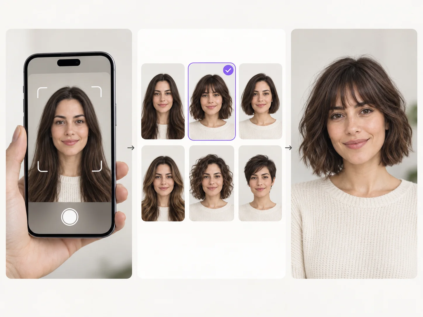 Three steps to try on hairstyles: upload a selfie, pick a cut, then see the new haircut on your face