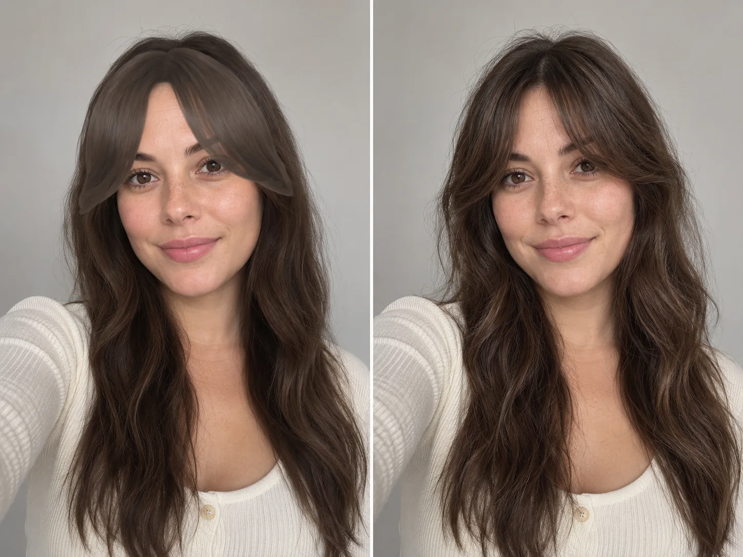 Phone camera with a bangs overlay next to a realistic AI photo of the same woman with curtain bangs