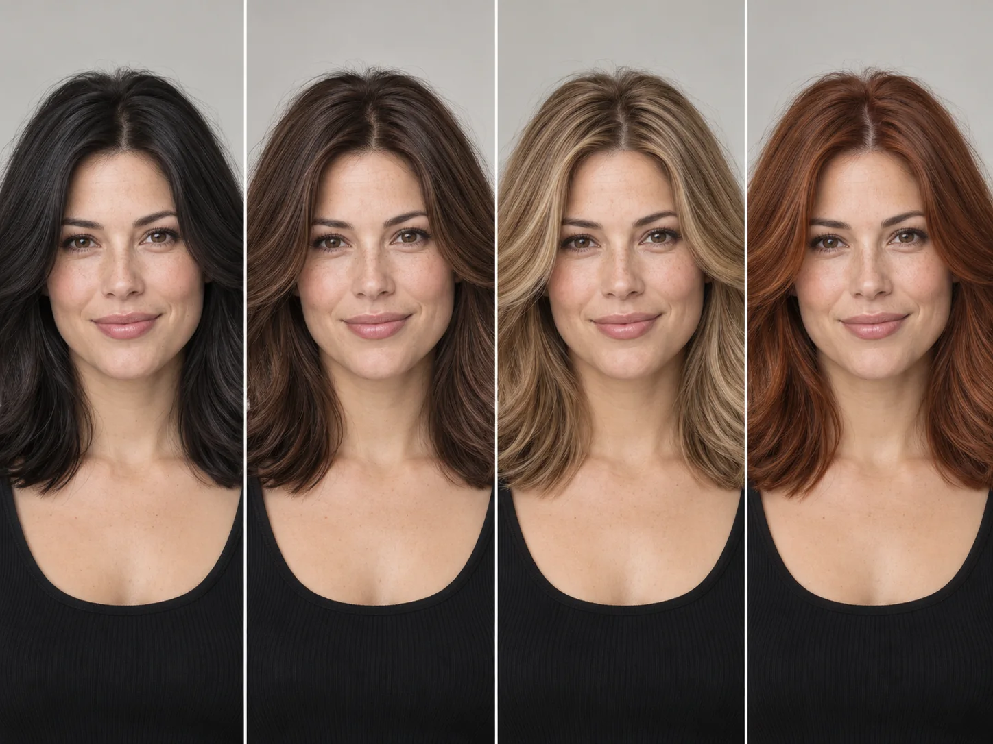 The same woman with one shoulder-length cut shown in soft black, chestnut, honey blonde and copper red