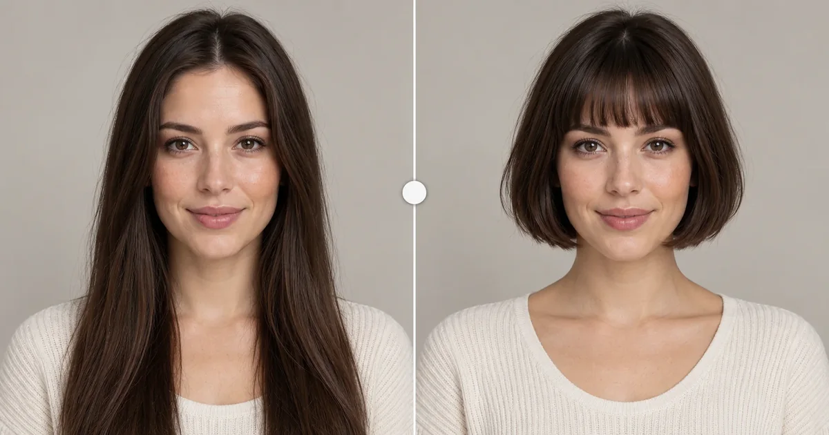 The same adult woman before and after trying a French bob with bangs