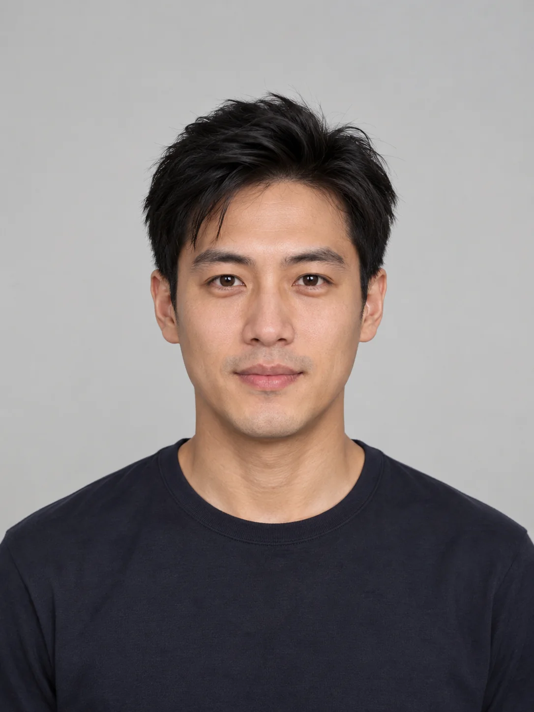 Adult man with short black hair facing the camera, a sample for a natural base