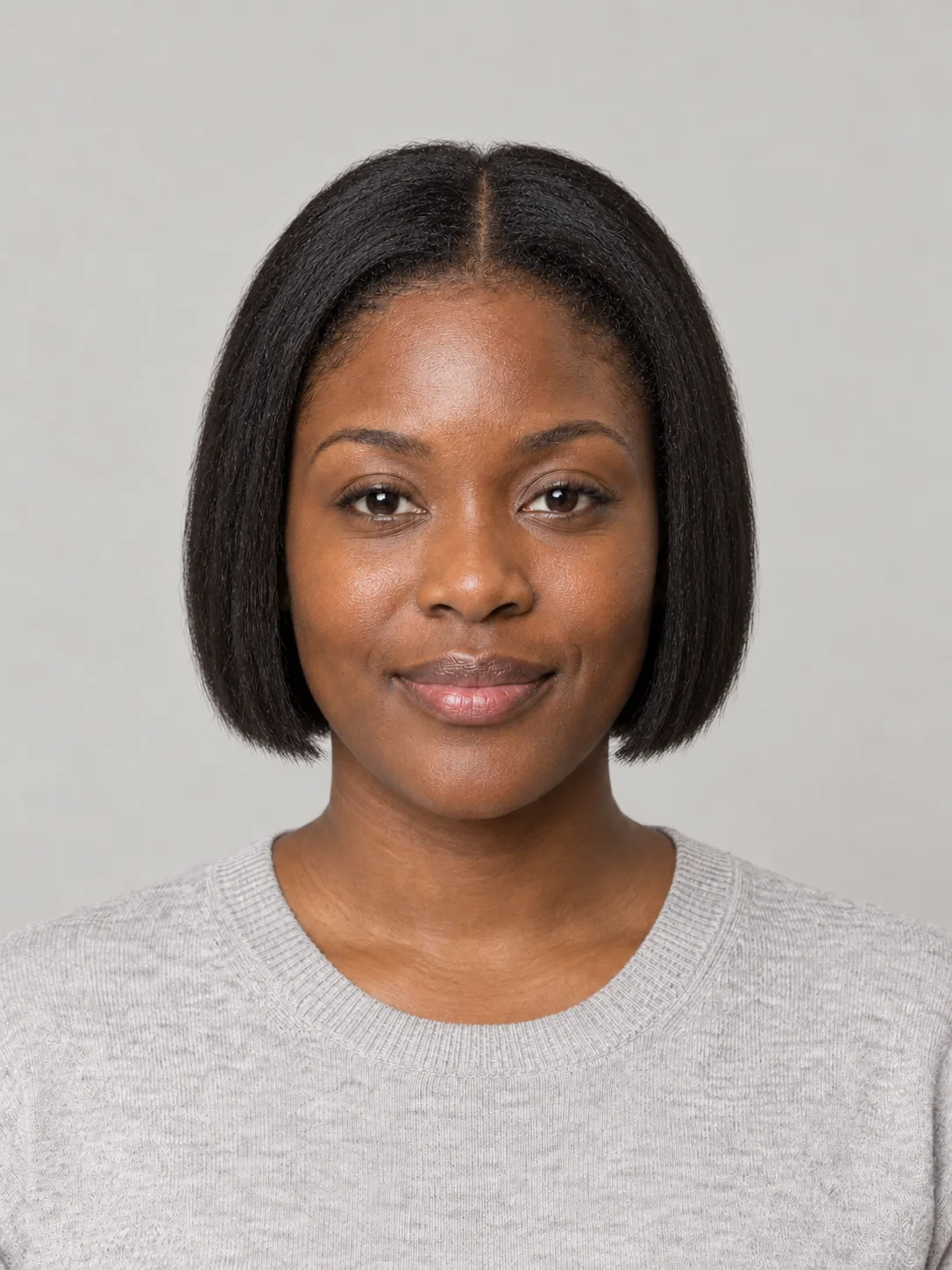 Woman with a sleek, pressed jaw-length blunt bob and a center part