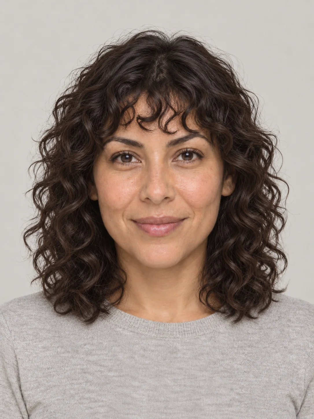 Try on hairstyles with curls: a medium curly shag with curly bangs