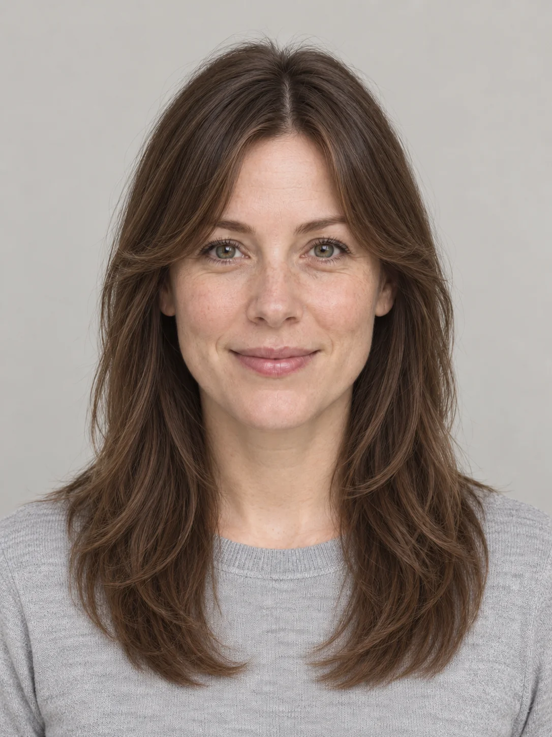 Try on hairstyles with curtain bangs and long face-framing layers