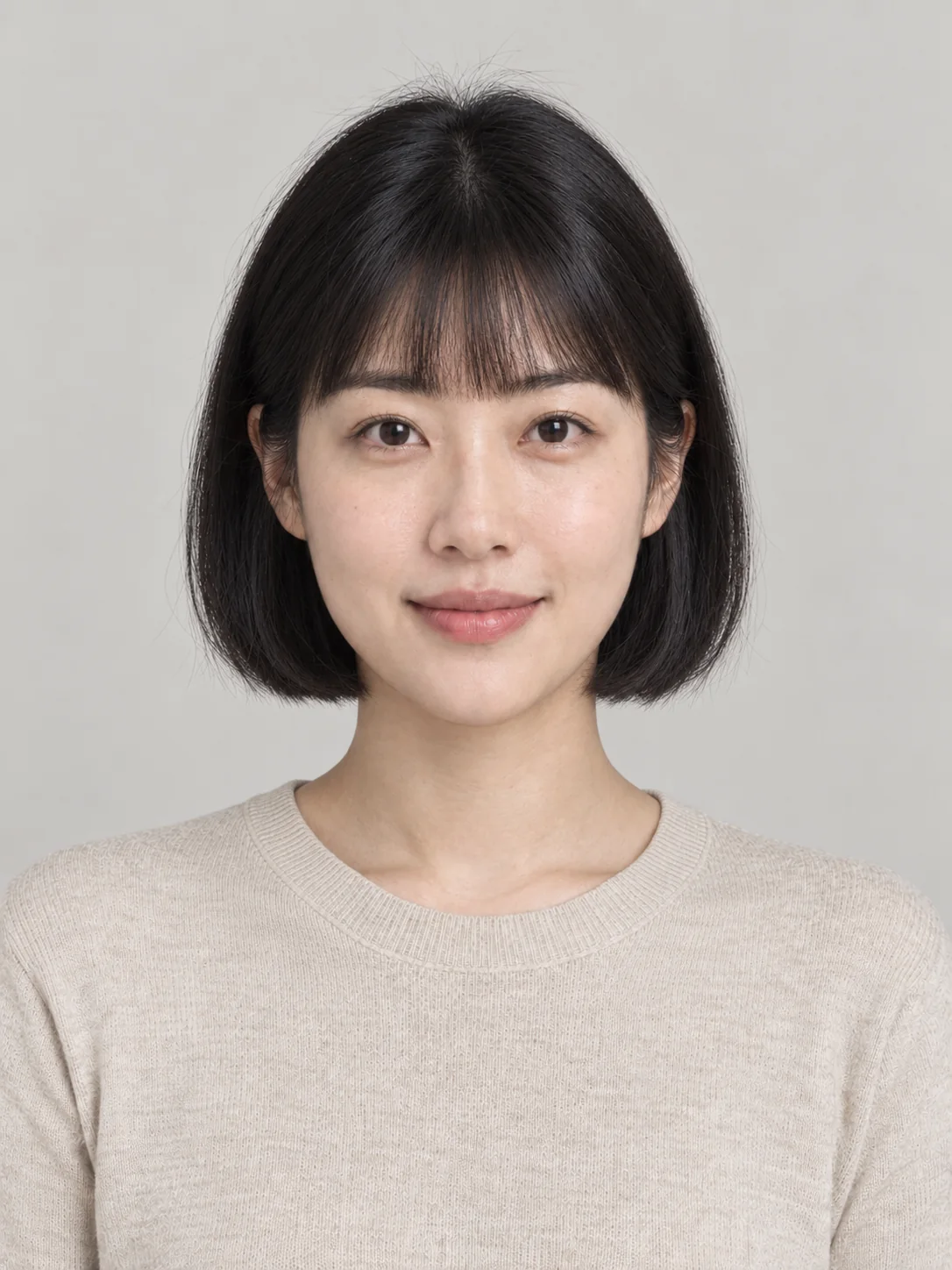 Try on hairstyles like this chin-length French bob with straight eyebrow-length bangs