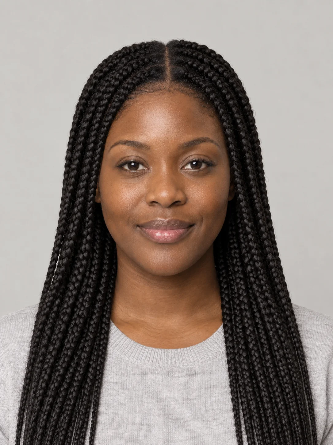 Woman wearing medium knotless box braids down to mid-back