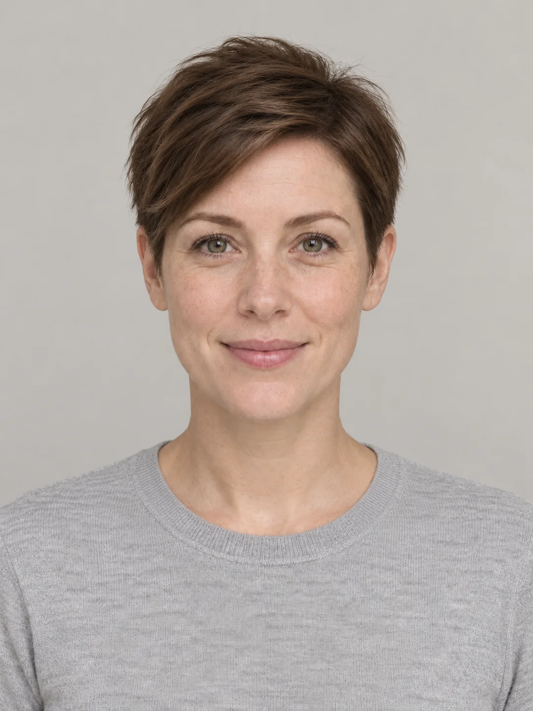 Woman with a soft pixie cut: short tapered sides and a textured top swept to one side