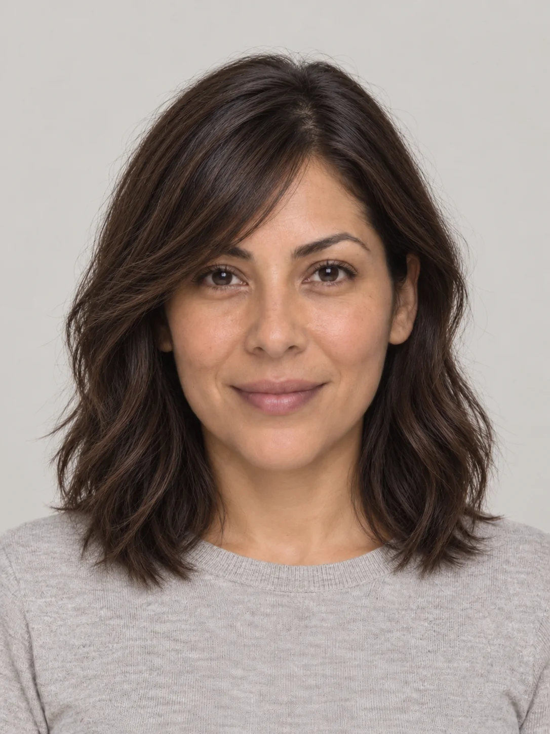 Shoulder-length layered hair with a long side-swept fringe