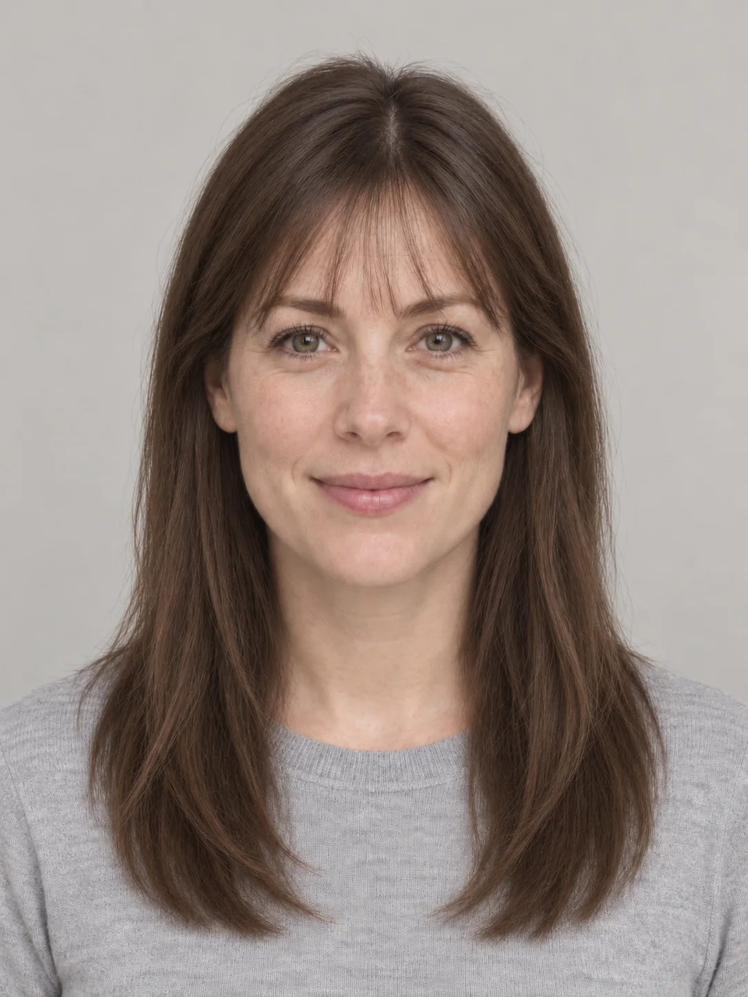 Try on hairstyles with wispy see-through bangs and soft long hair
