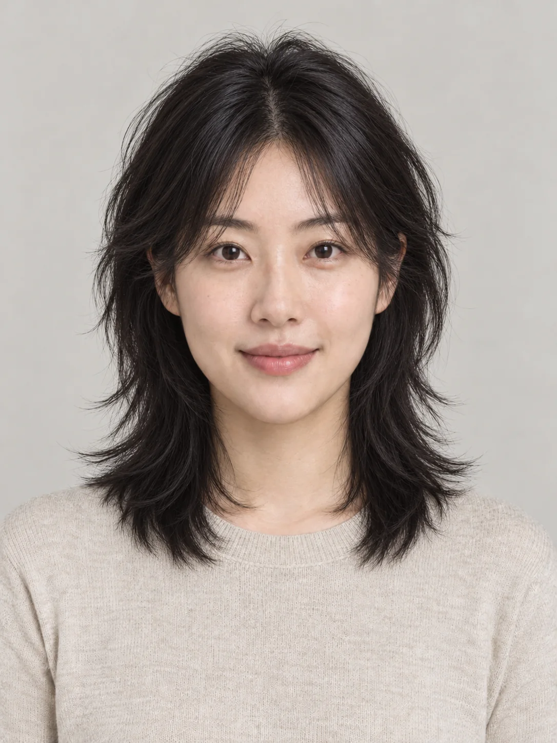 Shoulder-length wolf cut with choppy layers, crown volume and a wispy fringe