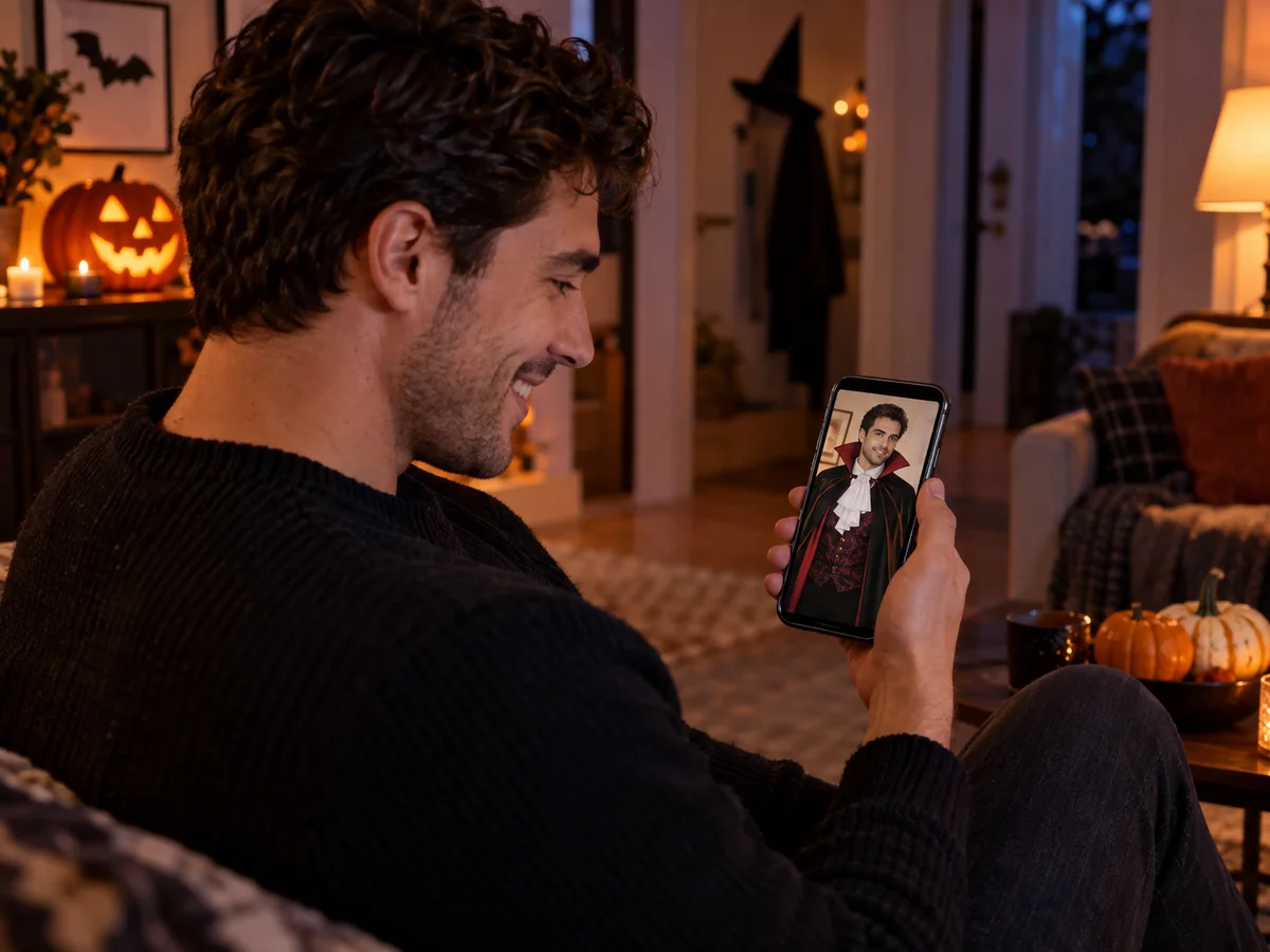 Person checking a vampire costume photo on a phone before a Halloween party