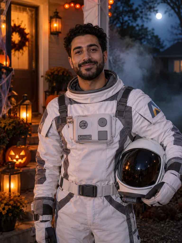 Adult astronaut in a white unbranded suit holding a helmet on a pumpkin porch