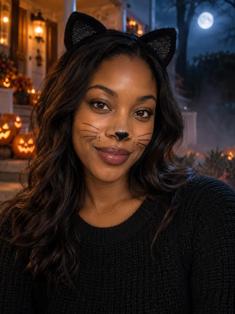 Woman with black cat ears, painted whiskers and a black sweater at night