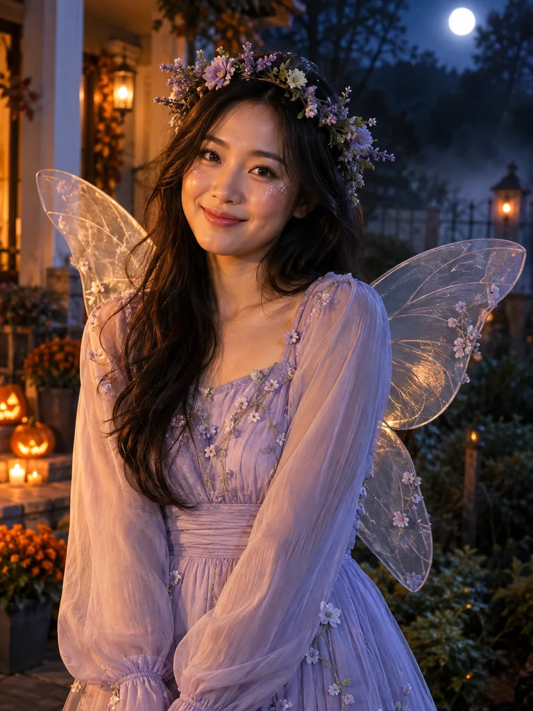 Woman in a lavender fairy dress with flower crown and translucent wings