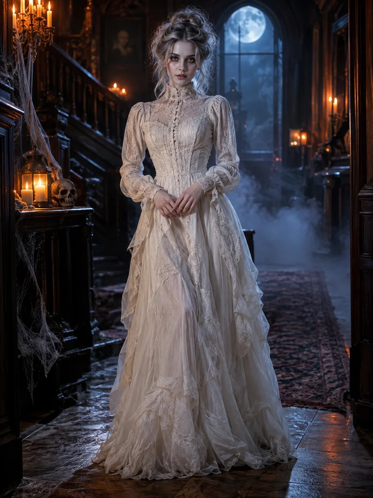 Woman in an aged white Victorian gown standing in a candlelit haunted hall