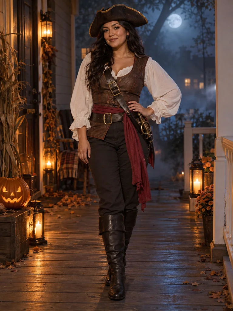 Woman in a pirate hat, leather vest and tall boots in the Halloween costume generator gallery