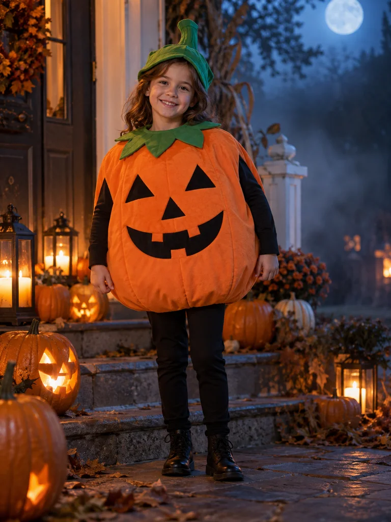Child in a round orange pumpkin suit in the Halloween costume generator gallery
