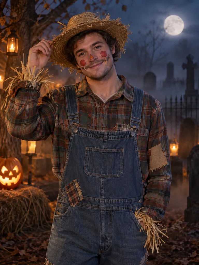 Man in a straw hat and patched overalls with painted scarecrow smile at night