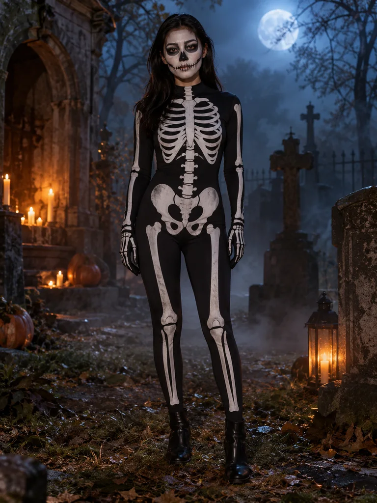 Full-length skeleton suit and skull face paint shown in the Halloween costume generator