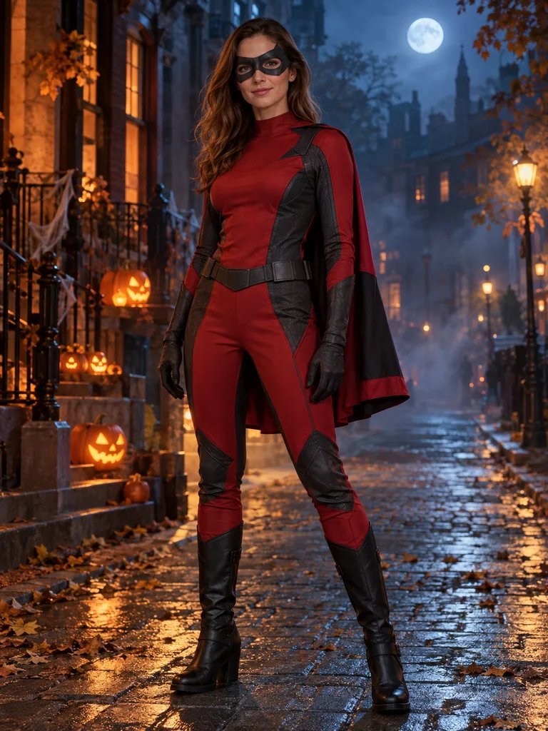 Woman in an original red superhero suit and cape on a moonlit street